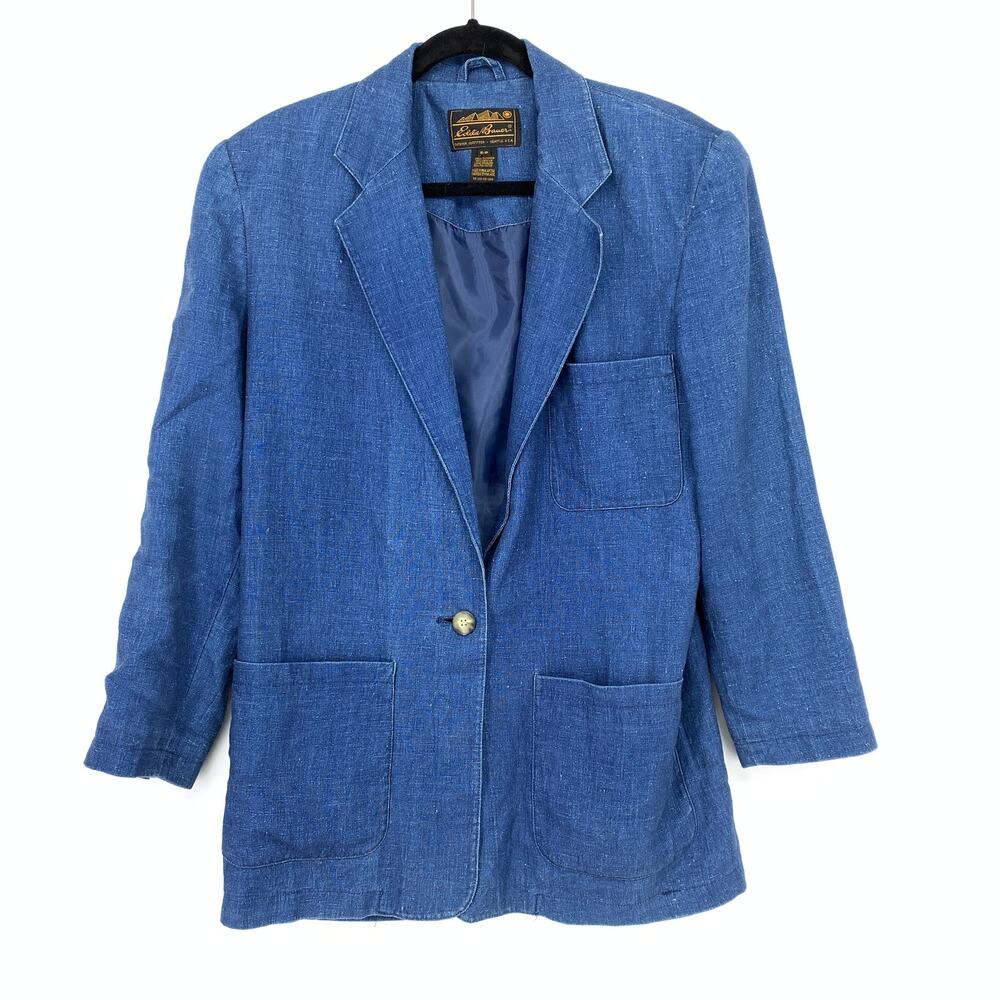 VTG 90s Eddie Bauer Oversized Womens Sz S Blazer Jacket Linen Chambray *FLAWS